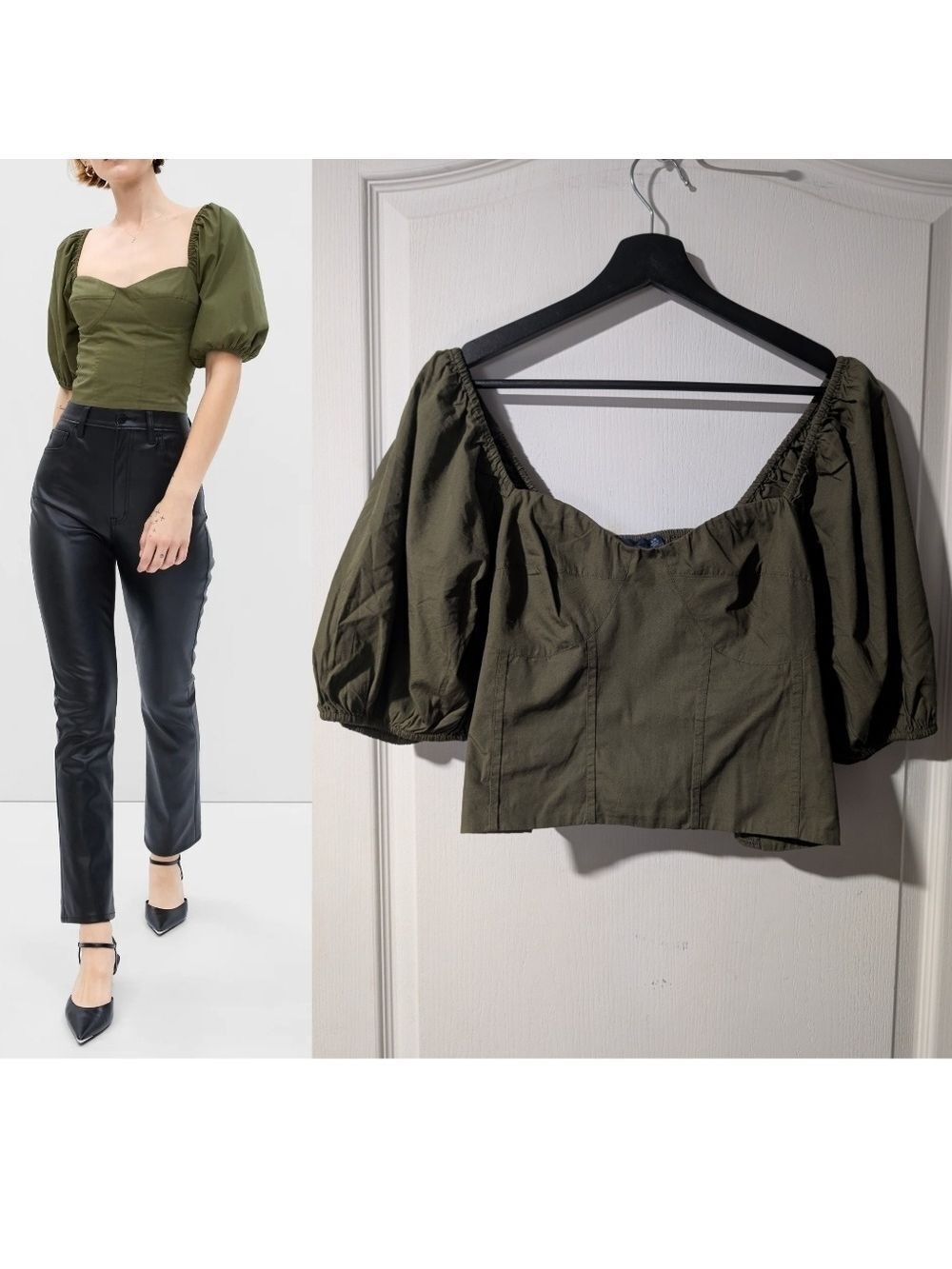 GAP | Army Green Sweetheart Puff Sleeve Top
